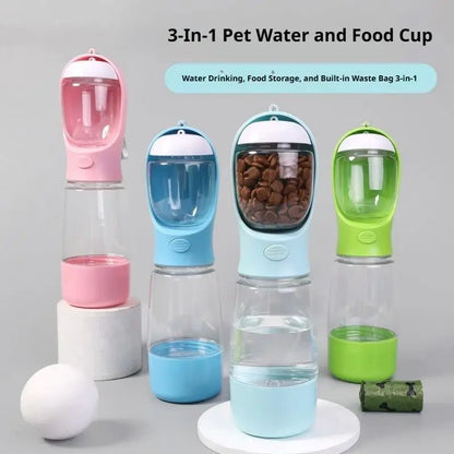 4-in-1 Dog Water Bottle & Food Container Portable Pet Feeder with Waste Bag Dispenser Leak-Proof Travel Mug for Outdoor Walking