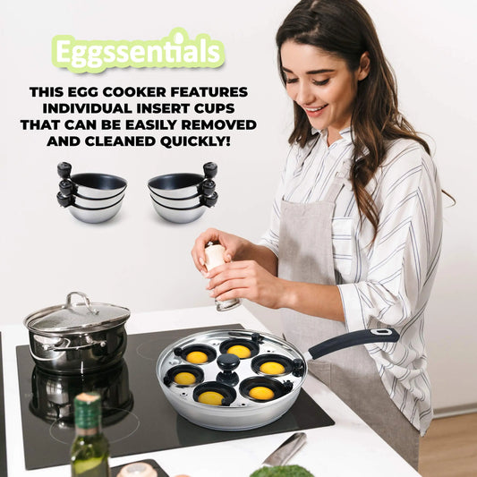 Egg Poacher Pan Stainless Steel Poached Egg Maker with 6 Nonstick Silicone Egg Poacher Cup and Spatula for Breakfast Steamed Egg