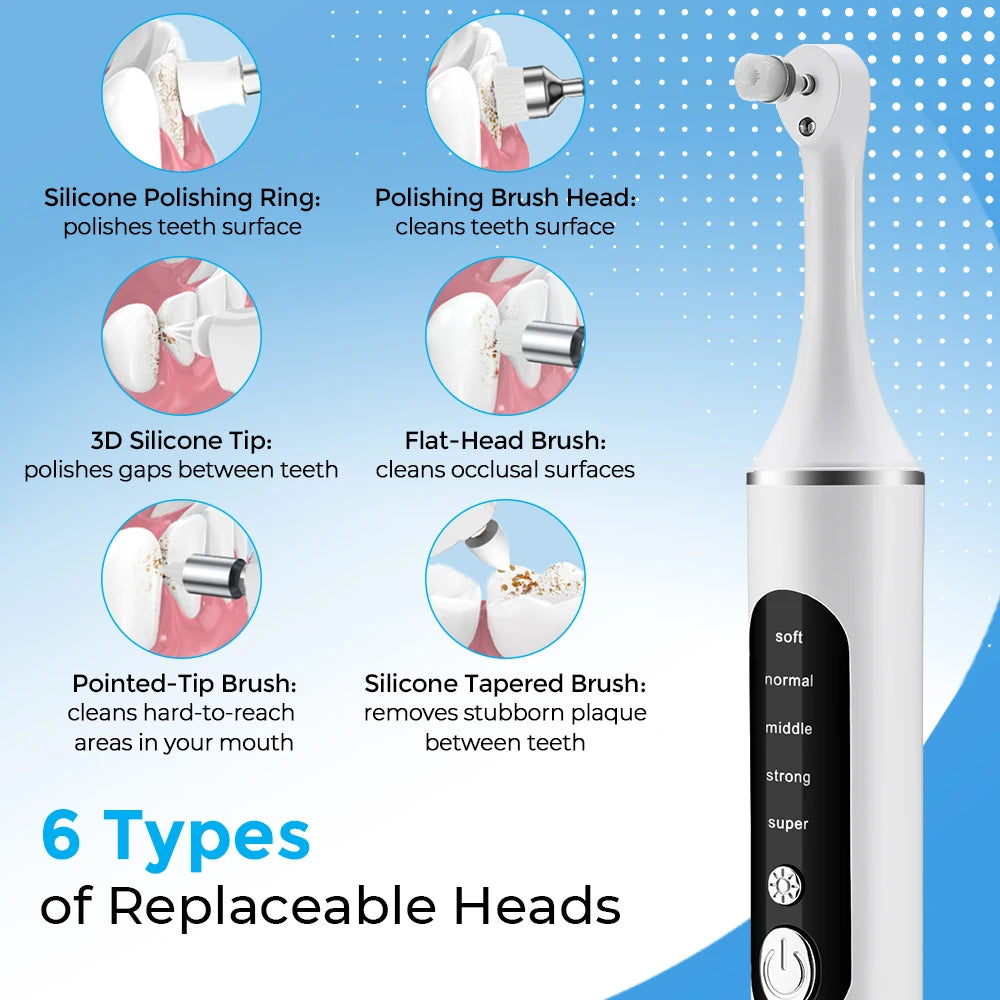 Electric Tooth Polisher Teeth Whitening Cleaner 5 Speed Modes with 6 Brush Heads LED Light Plaque Dental Tartar Remover