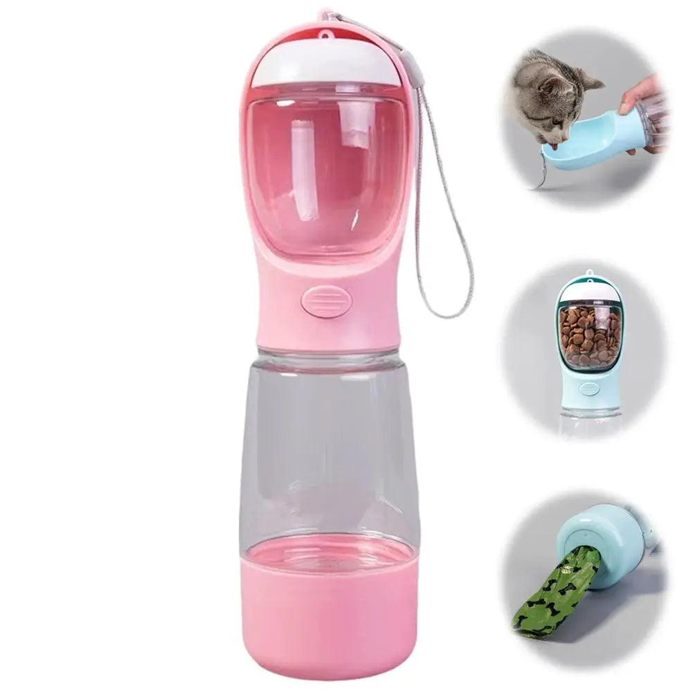 4-in-1 Dog Water Bottle & Food Container Portable Pet Feeder with Waste Bag Dispenser Leak-Proof Travel Mug for Outdoor Walking