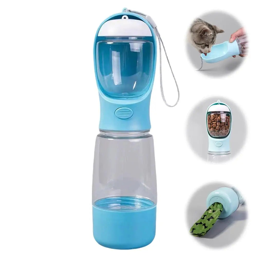 4-in-1 Dog Water Bottle & Food Container Portable Pet Feeder with Waste Bag Dispenser Leak-Proof Travel Mug for Outdoor Walking