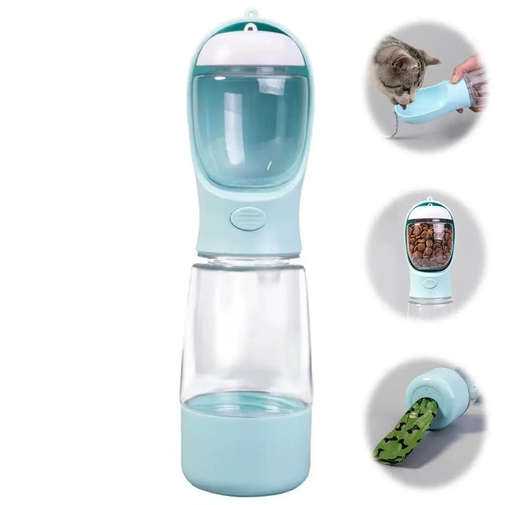 4-in-1 Dog Water Bottle & Food Container Portable Pet Feeder with Waste Bag Dispenser Leak-Proof Travel Mug for Outdoor Walking