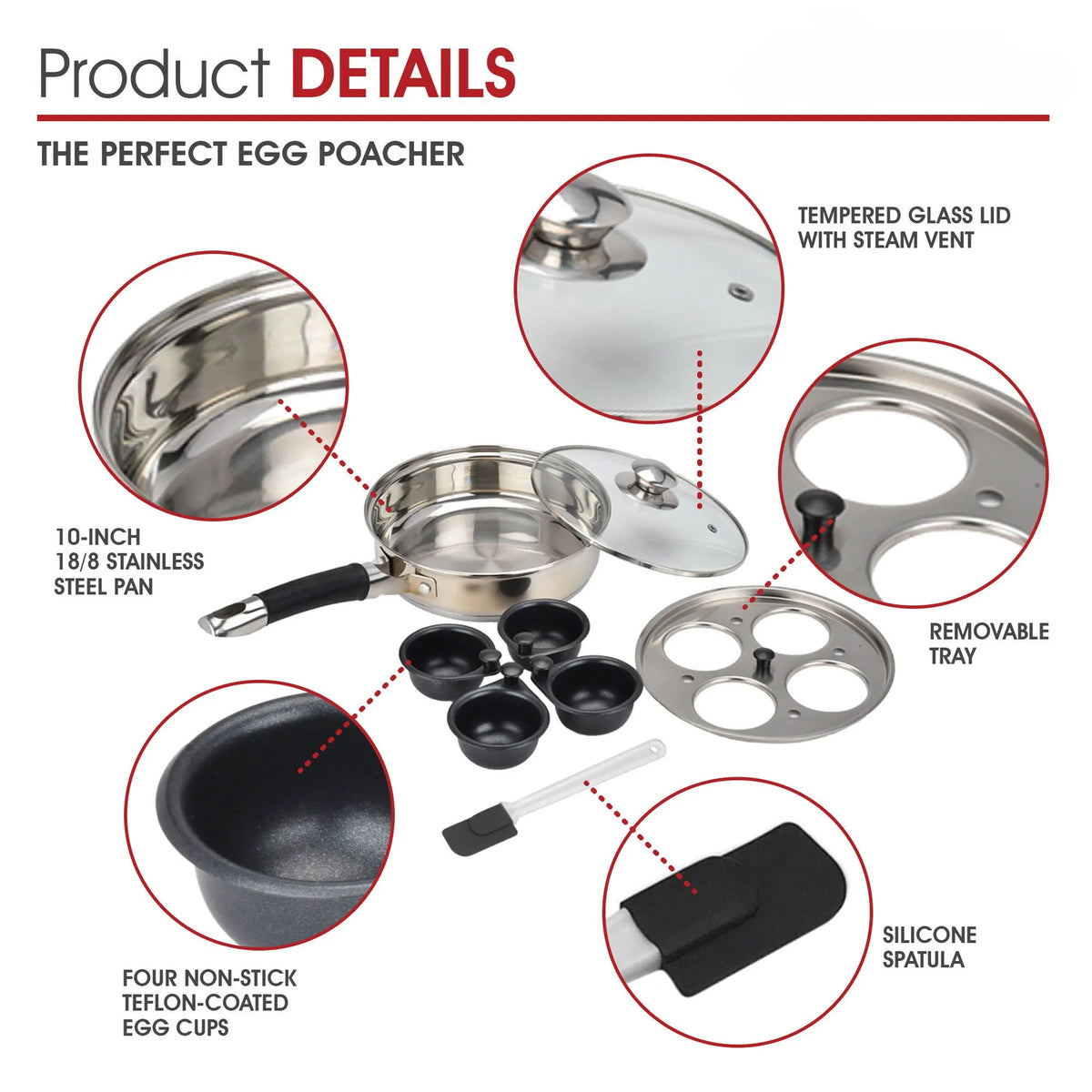 Egg Poacher Pan Stainless Steel Poached Egg Maker with 6 Nonstick Silicone Egg Poacher Cup and Spatula for Breakfast Steamed Egg
