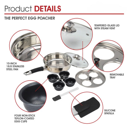 Egg Poacher Pan Stainless Steel Poached Egg Maker with 6 Nonstick Silicone Egg Poacher Cup and Spatula for Breakfast Steamed Egg