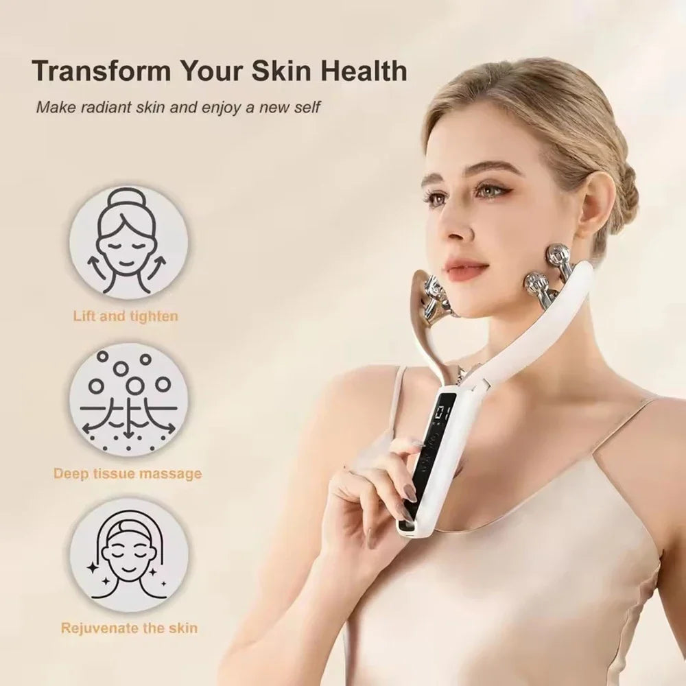 Facial and neck massager, microcurrent V-shaped lifting roller, red and blue light therapy, facial slimming vibration device