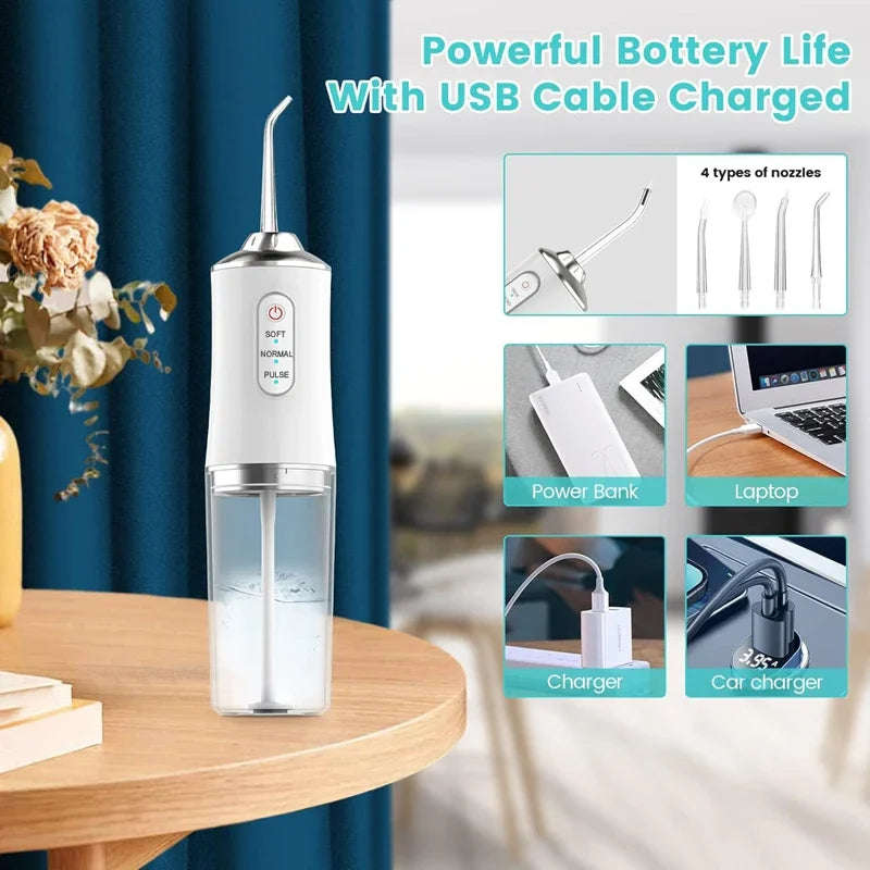 Dental Flosser Water Jet, Portable Electric Oral Irrigator 4 Jets 3 Modes USB Rechargeable Cordless Water Flosser Jet Irrigator Dental Teeth Cleaner