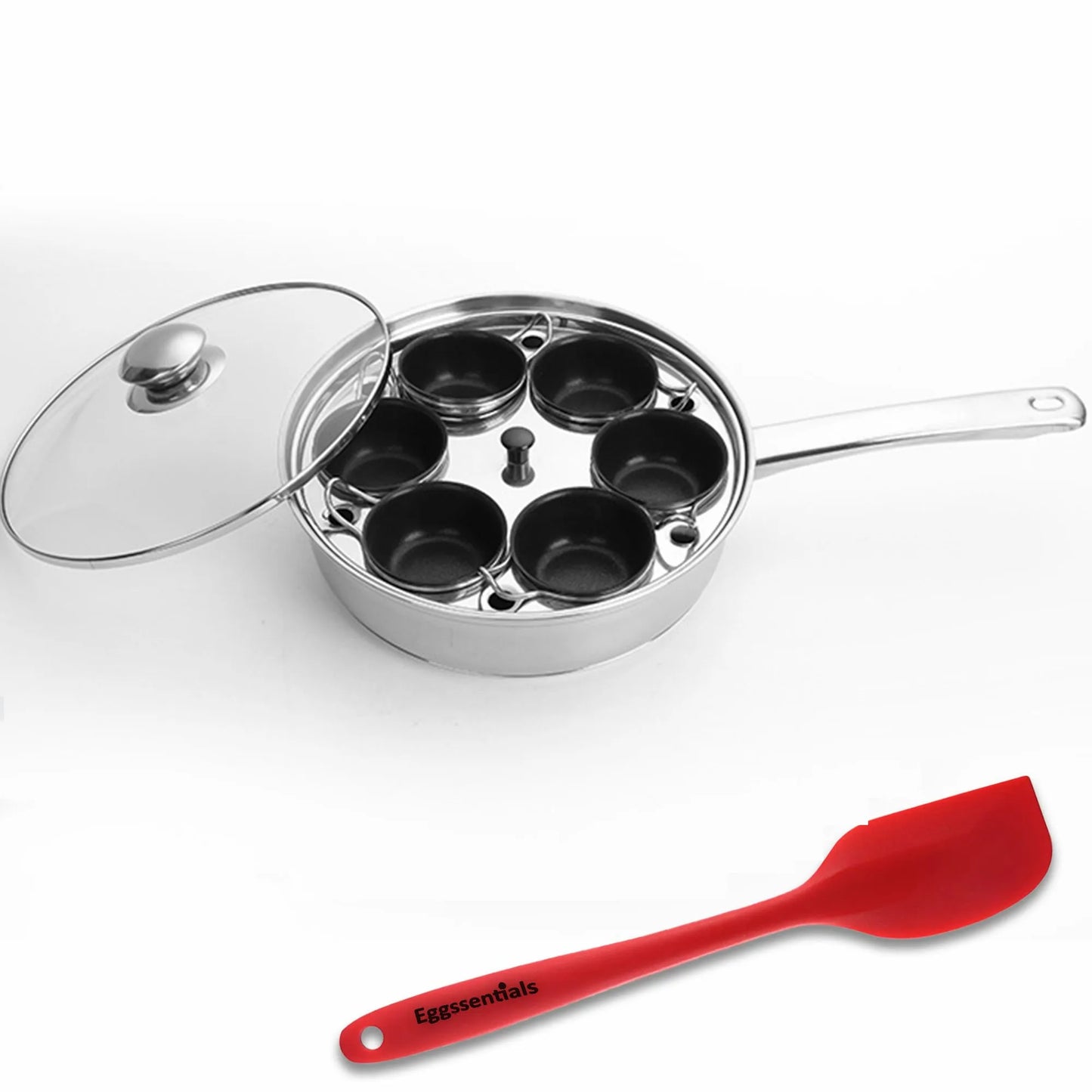 Egg Poacher Pan Stainless Steel Poached Egg Maker with 6 Nonstick Silicone Egg Poacher Cup and Spatula for Breakfast Steamed Egg