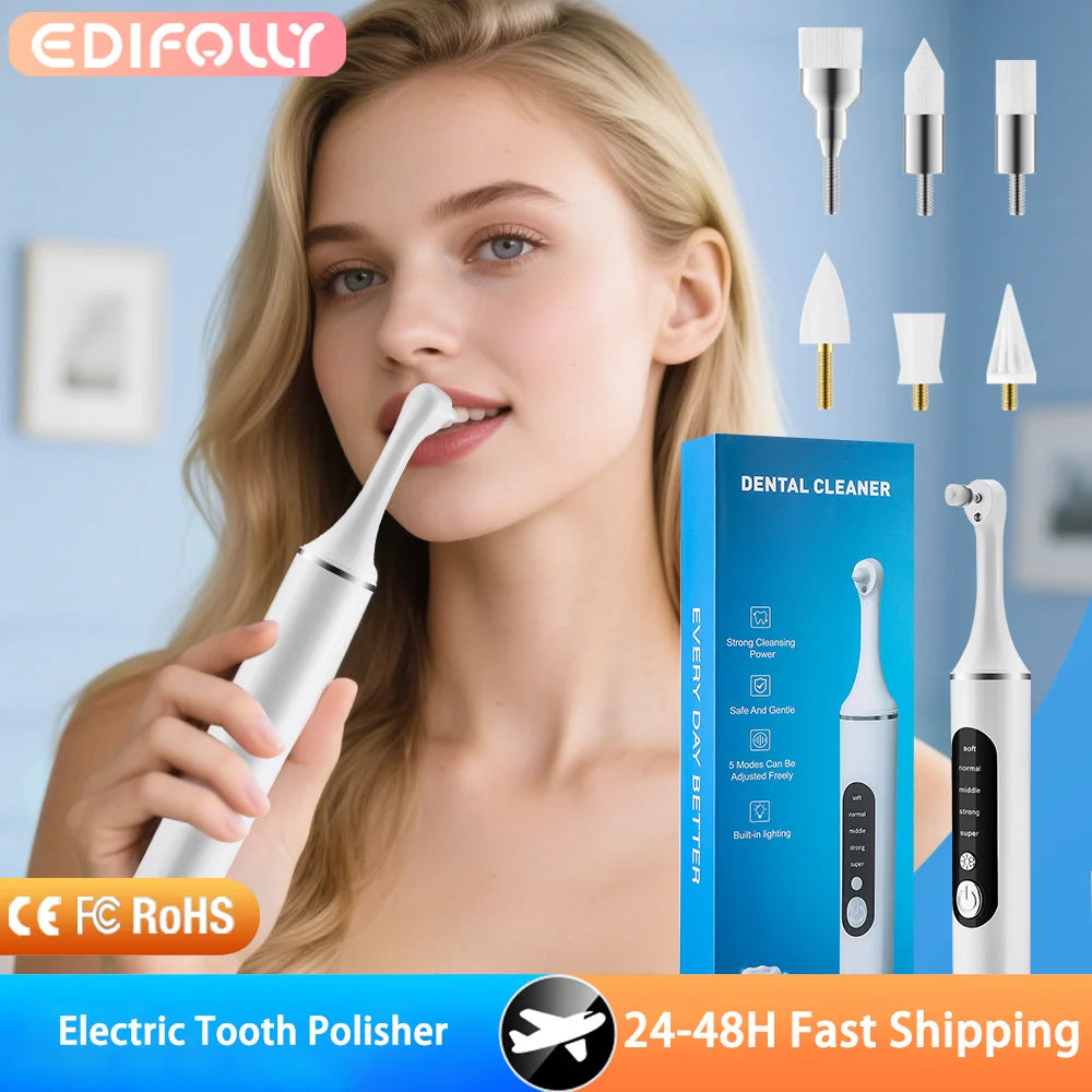 Electric Tooth Polisher Teeth Whitening Cleaner 5 Speed Modes with 6 Brush Heads LED Light Plaque Dental Tartar Remover
